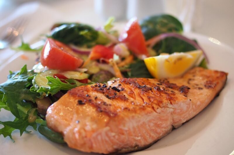 new year's eve, salmon, fish, seafood, veggies, salad, meal, dish, nature, plate, food, cuisine