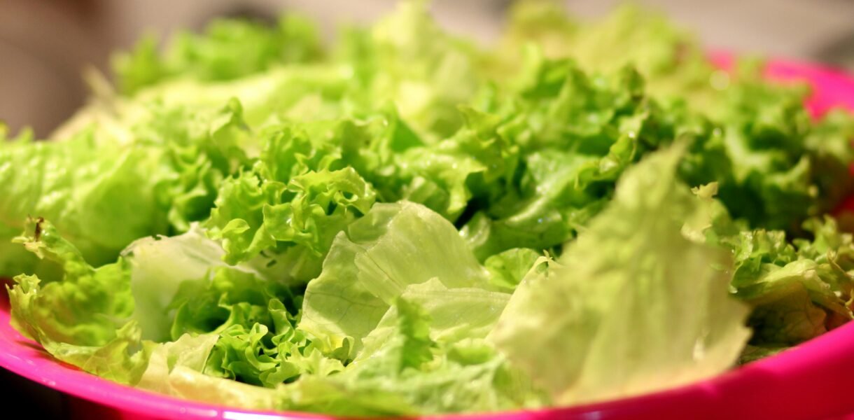 A close-up shot of fresh green lettuce leaves in a vibrant pink bowl, perfect for salads.