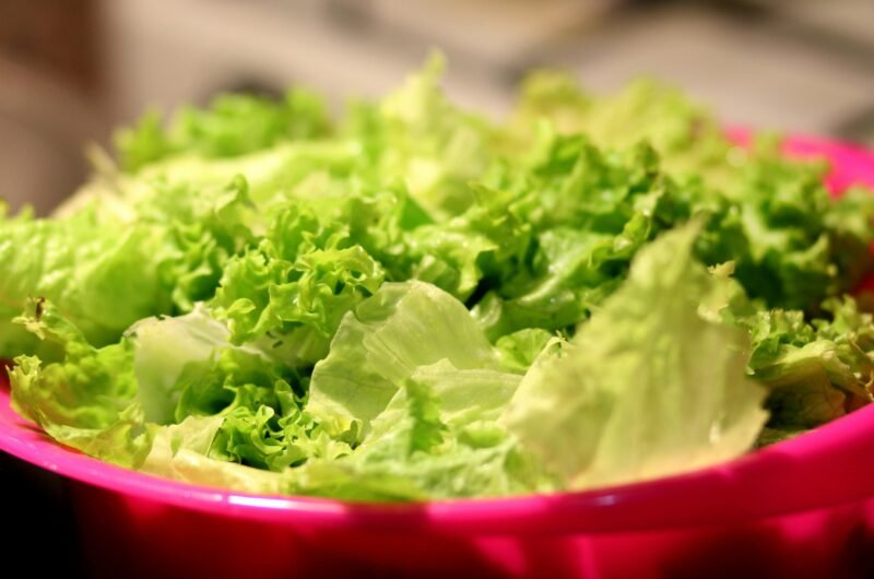 A close-up shot of fresh green lettuce leaves in a vibrant pink bowl, perfect for salads.